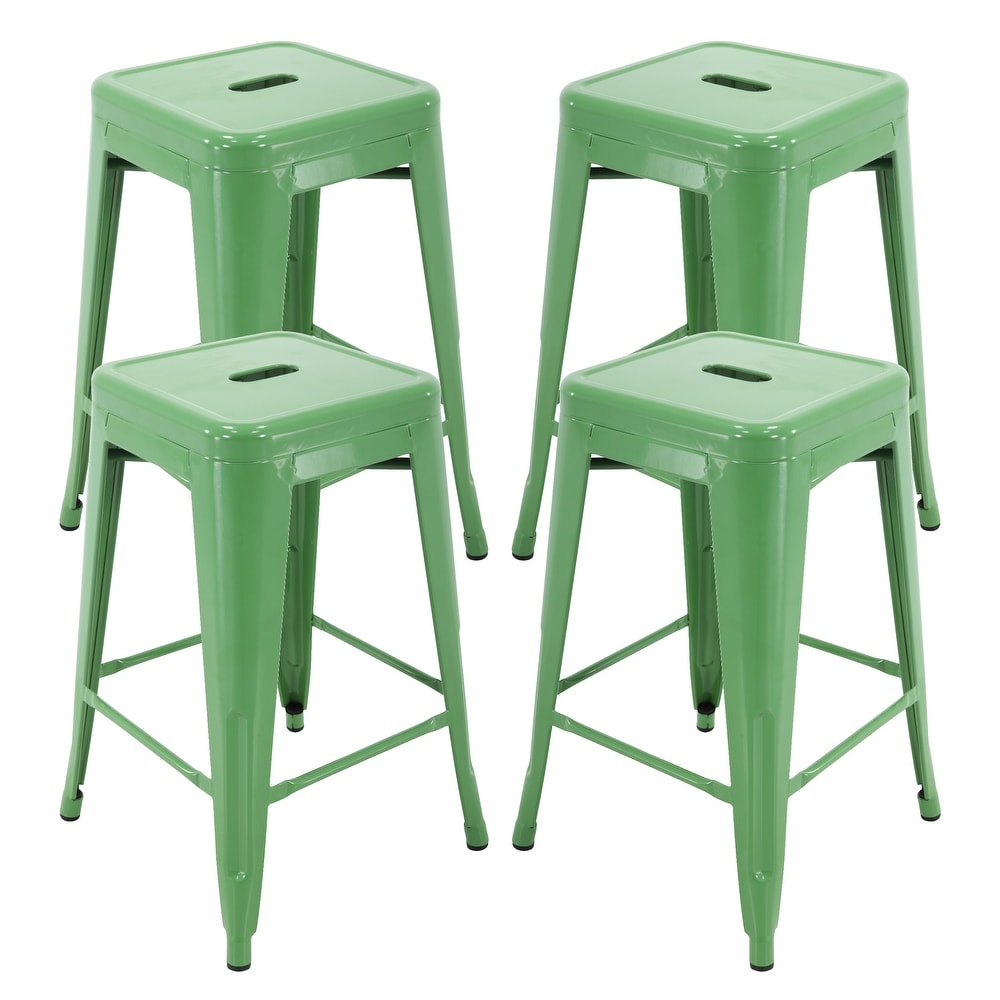 Set of 4 Vintage Style Metal Stools Counter Height w Wooden Seat Bar Pub Dining